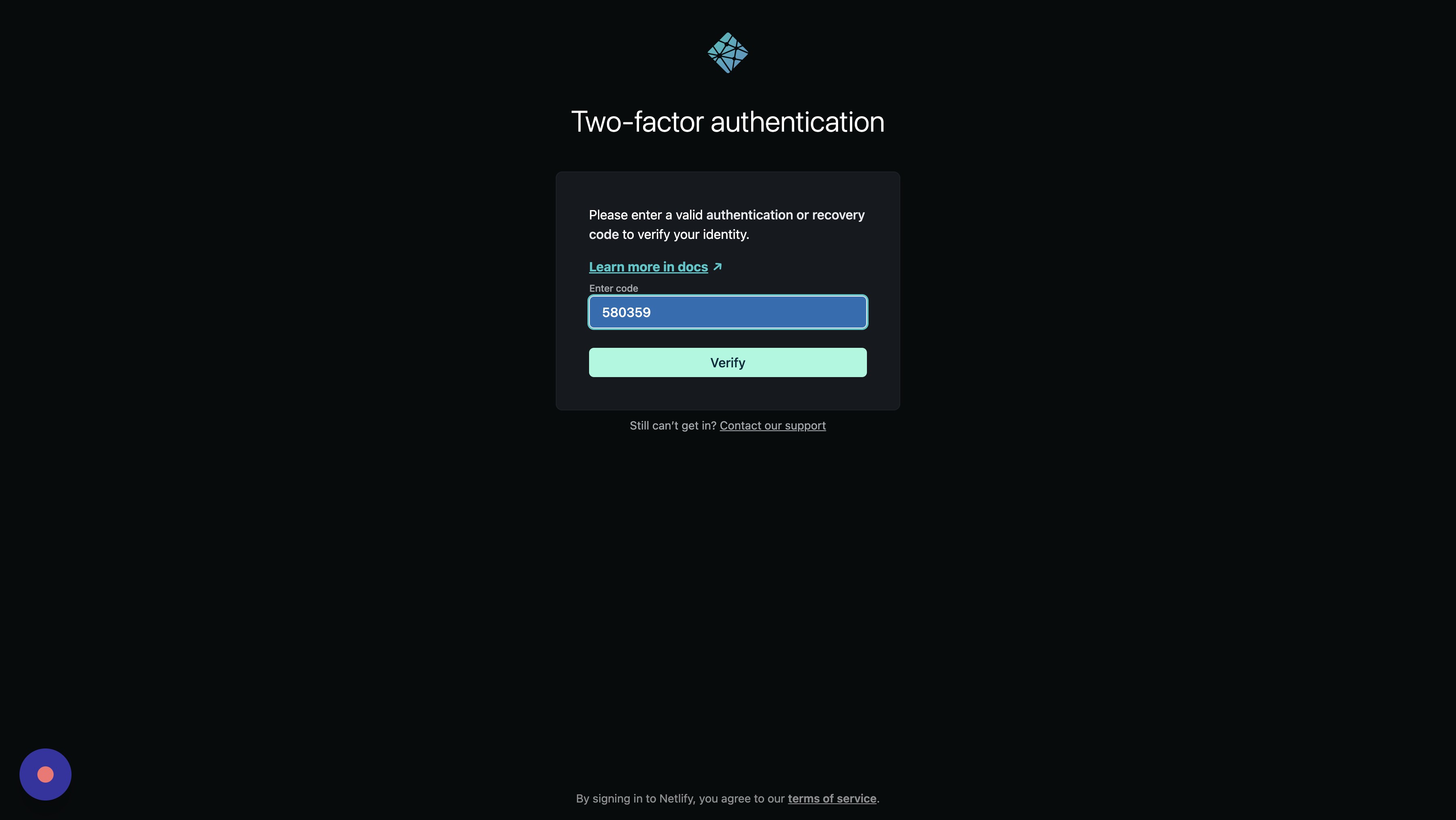 Screenshot of: The 2FA code will be provided by 1password as well.
